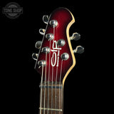 Close-up of a red electric guitar headstock with six silver tuning pegs, a white stylized logo, and the text 'JAMES FAHRENBOSS' on a black background.