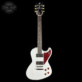 White electric guitar with red pickguard on a black background, featuring 'Tone Shop' logo.