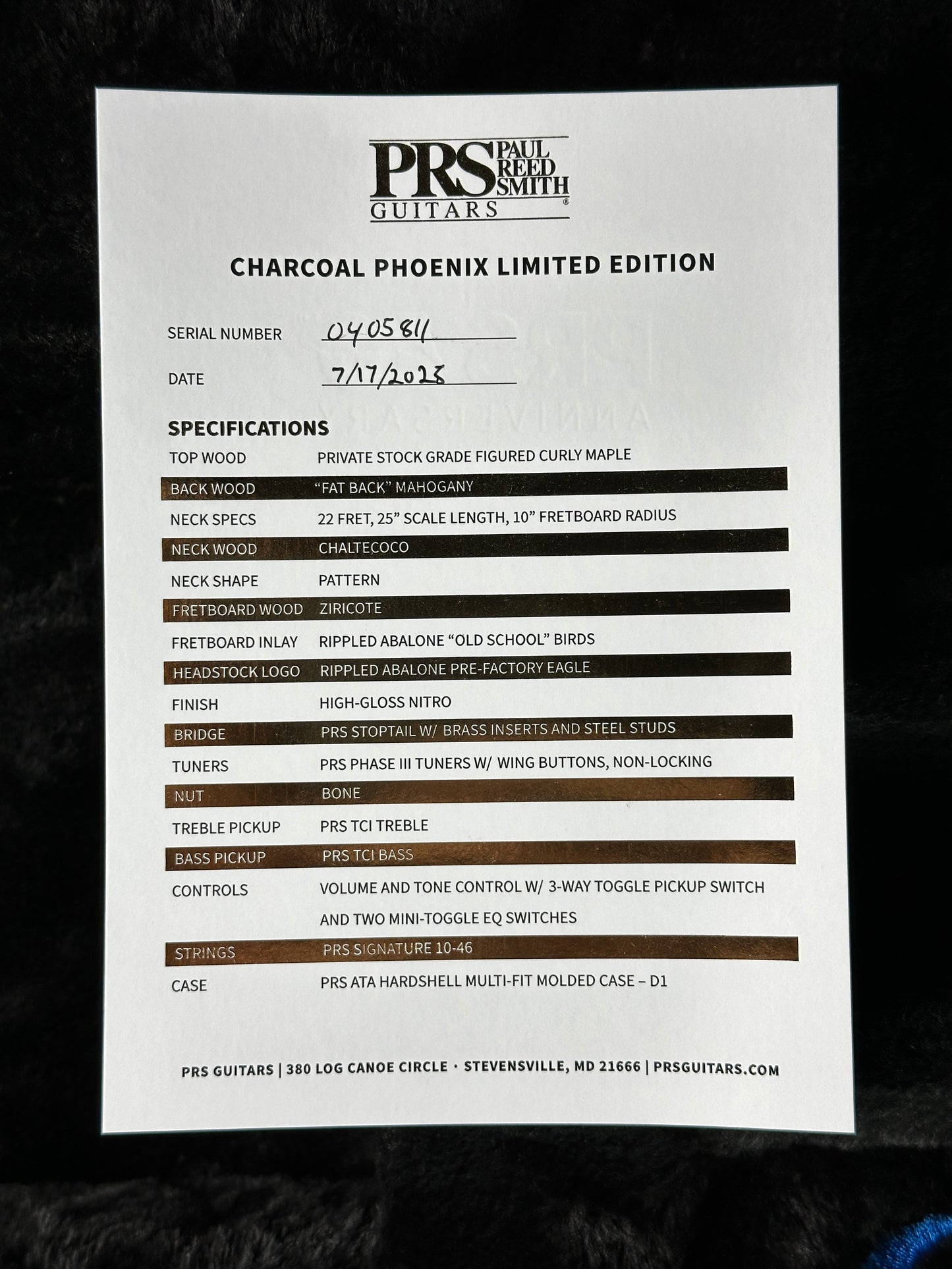 Spec sheet for PRS Paul Reed Smith Charcoal Phoenix Limited Edition.