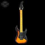 Electric guitar with a sunburst finish on a black background, featuring the Tone Shop logo.