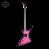 A modern electric guitar with a distinctive winged body shape, featuring a vibrant pink and purple flame maple top, set against a solid black background with a Tone Shop logo in the upper left corner.