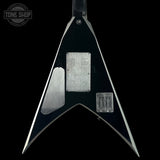 Guitar body with a black finish and silver pickguard on a black background, featuring 'Tone Shop' logo.