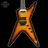 Electric guitar with a sunburst finish on a black background, featuring the Tone Shop logo.