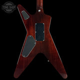 Guitar body with a dark wood finish on a black background, featuring the Tone Shop logo.