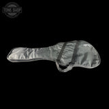Gray guitar case with a strap on a black background, featuring the 'Tone Shop' logo.