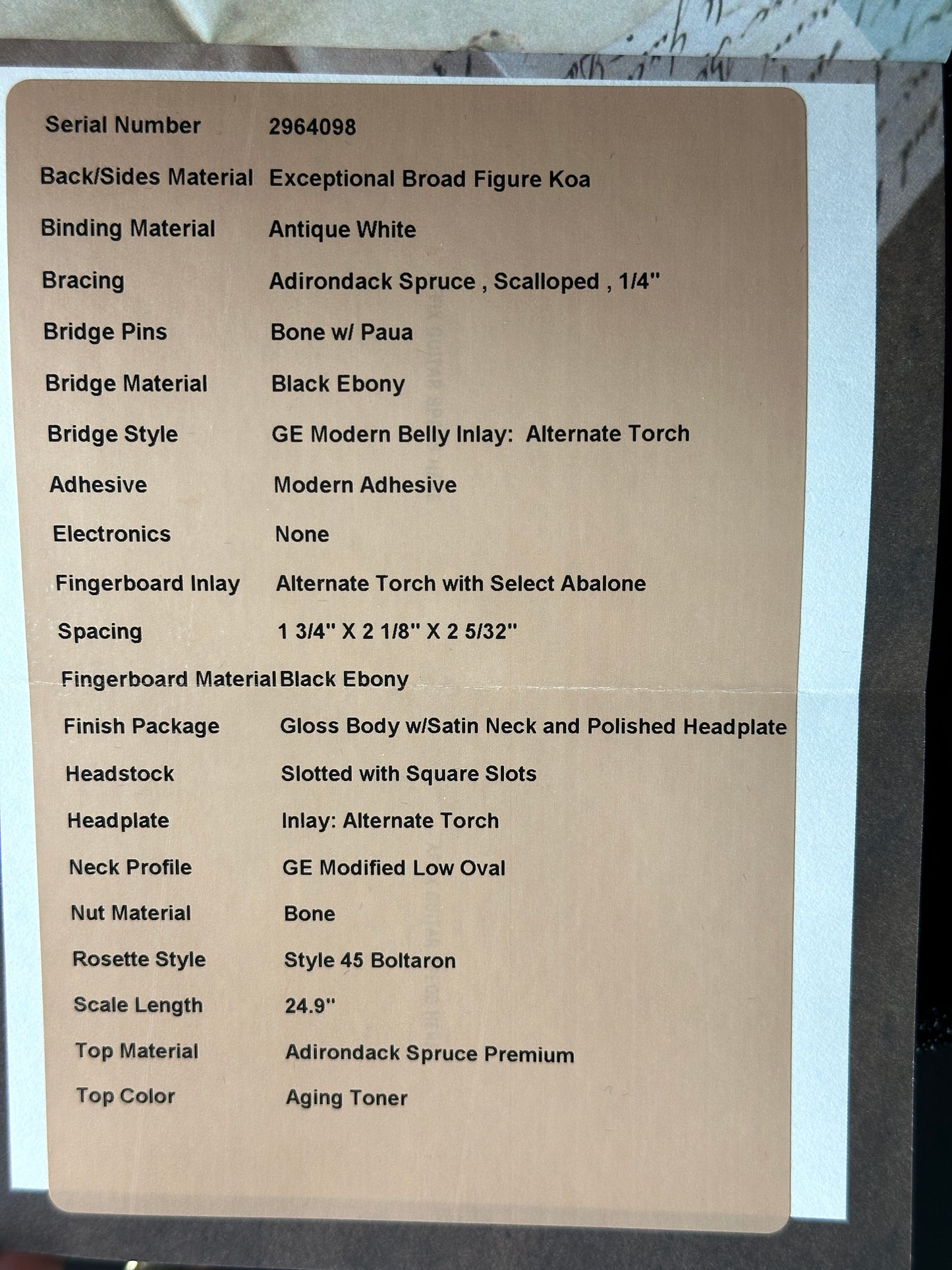 Spec sheet for Martin Custom Shop 00-12F 41 Style Adirondack/Exceptional Broad Figure Koa.