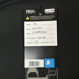 A black garment tag with printed and handwritten details, photographed against a black fabric background. The tag shows PRS Sports Goods branding, product code S2CU24, and a blue S2 logo near the bottom.