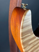 Close-up of a wooden guitar neck with a metal tuning peg on a dark background