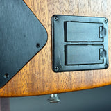 Close-up of a guitar with a black pickguard and control knobs on a wooden body.