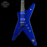 A blue electric guitar with a star-shaped body, shown against a solid black background. The guitar features blue pickups, silver hardware, and a black neck.