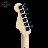 Back of headstock of Used 2015 Fender American Standard RW Mystic Red.