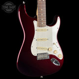 Front angle of Used 2015 Fender American Standard RW Mystic Red.