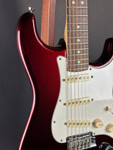 Front angle of Used 2015 Fender American Standard RW Mystic Red.