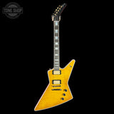 Full front of Gibson Explorer Dealer Select AAA Explorer Custom Lemon Burst.