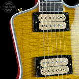 Front detail of Gibson Explorer Dealer Select AAA Explorer Custom Lemon Burst.