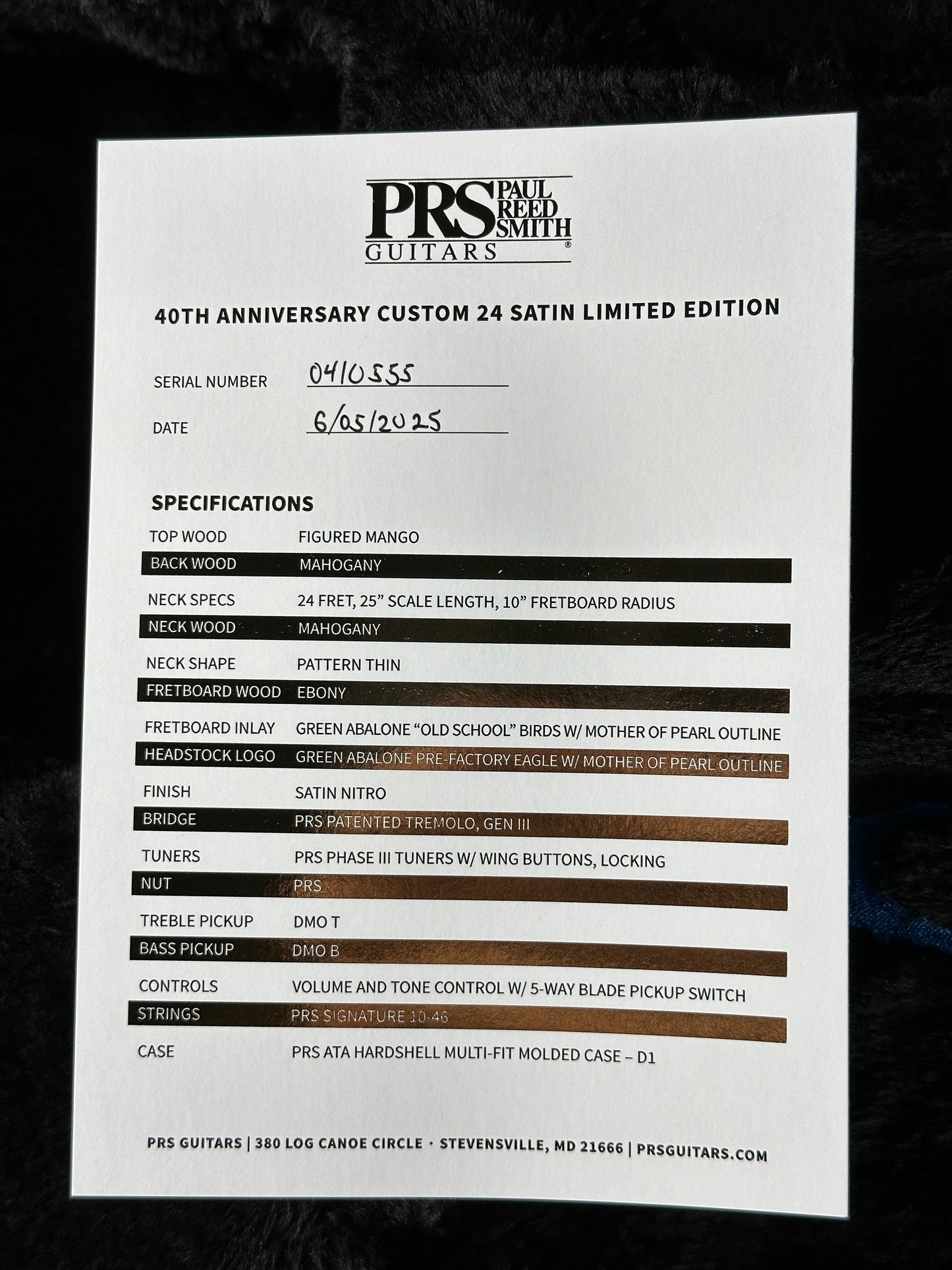Spec sheet for PRS 40th Anniversary Custom 24 Satin Limited Charcoal Tri-Burst.