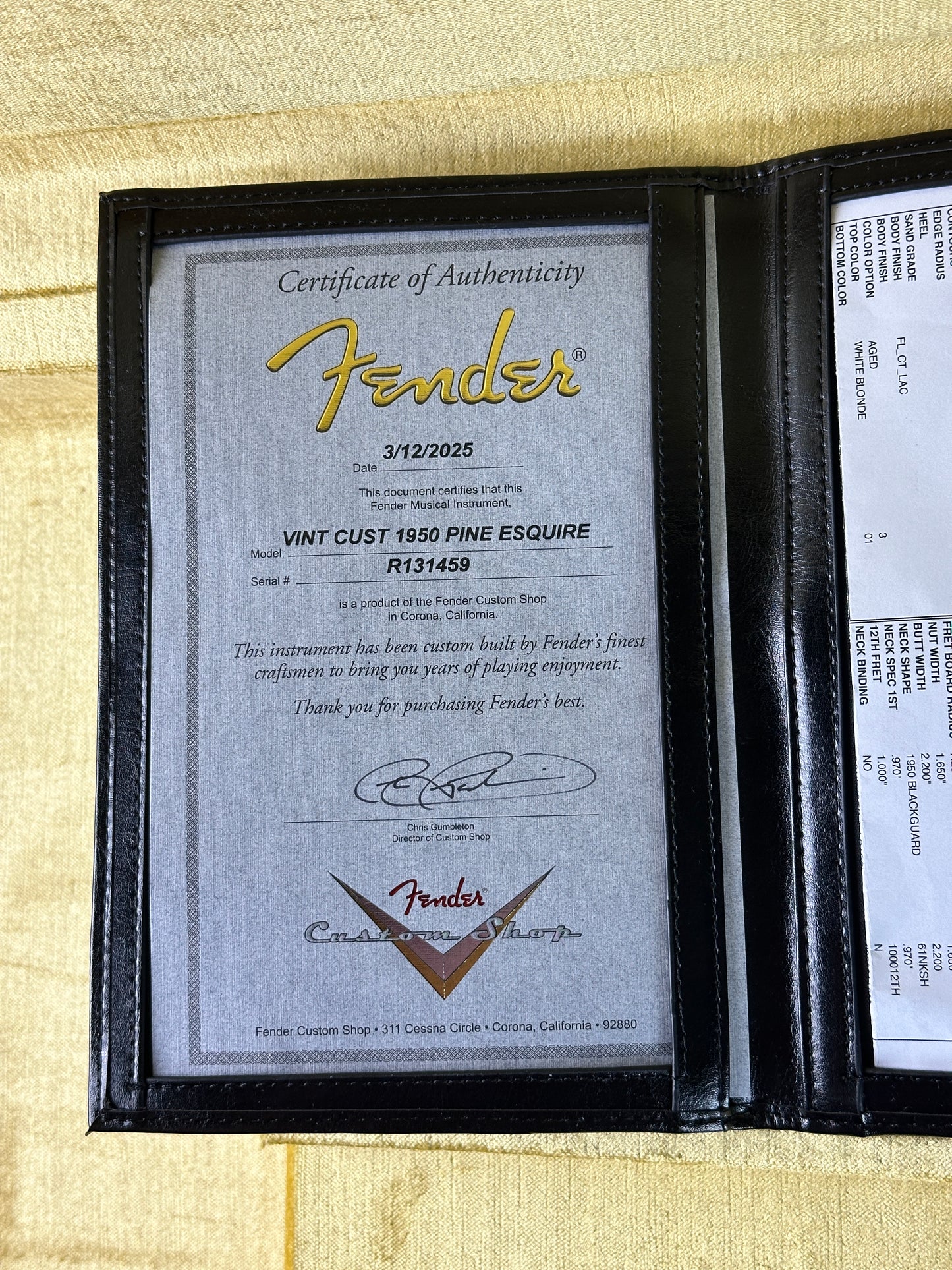 Certificate of authenticity for Fender Custom Shop Vintage Custom 1950 Pine Esquire Time Capsule Aged White Blonde.