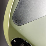 Close-up detail of an electric guitar body showing a matte sage green finish, a black textured plate secured by a screw, and part of a black hardware component.