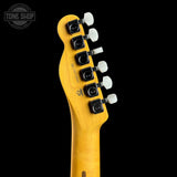 Back of headstock of Used 2025 Fender 75th Anniversary Cabronita American Pro Tele Candy Apple Red.