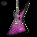 Front angle of Used Epiphone Extura Prophecy Purple Tiger.
