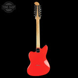 A red electric guitar shown from the back, featuring a glossy red body, a natural wood neck, and silver tuning keys, set against a solid black background with a Tone Shop watermark in the top left corner.