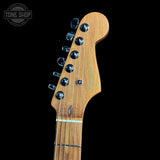 Headstock of Used 2024 Fender 70th Anniversary American Ultra II Stratocaster Amethyst.