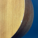 Close-up of a curved wooden object showing a light natural wood grain surface and a darker brown edge, photographed against a solid blue background.