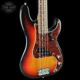 Front angle of Used 2008 Fender American Vintage '62 Precision Bass Sunburst.