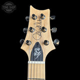 Guitar headstock with brand logo on a black background