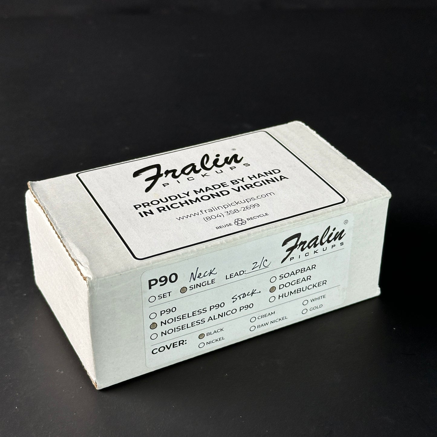 Fralin Pickups packaging on a black background