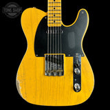 A classic Fender Telecaster electric guitar with a bright yellow sunburst finish, featuring a black pickguard, chrome hardware, and a maple neck, shown against a solid black background.
