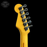 Back of headstock of Used 1988 MIJ Squier Black.