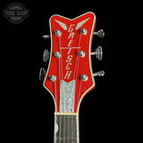 Headstock of Gretsch USA Custom Shop 1959 Penguin Relic Western Red.