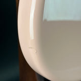 Close-up of a white ceramic plate with a small scratch on a dark background