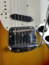 Bridge of Vintage 1974 Fender Mustang 3 Color Sunburst.