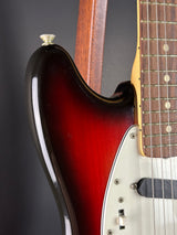 Front angle of Vintage 1974 Fender Mustang 3 Color Sunburst.