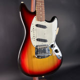 Front angle of Vintage 1974 Fender Mustang 3 Color Sunburst.
