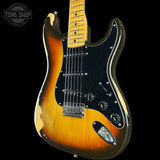 Front angle of Vintage 1979 Fender Stratocaster Hardtail Sunburst w/non-original case.