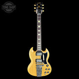 Full front of Gibson Custom Limited 64 SG Standard Korina Antique Natural Maestro Vibrola VOS.