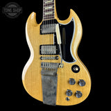 Front angle of Gibson Custom Limited 64 SG Standard Korina Antique Natural Maestro Vibrola VOS.