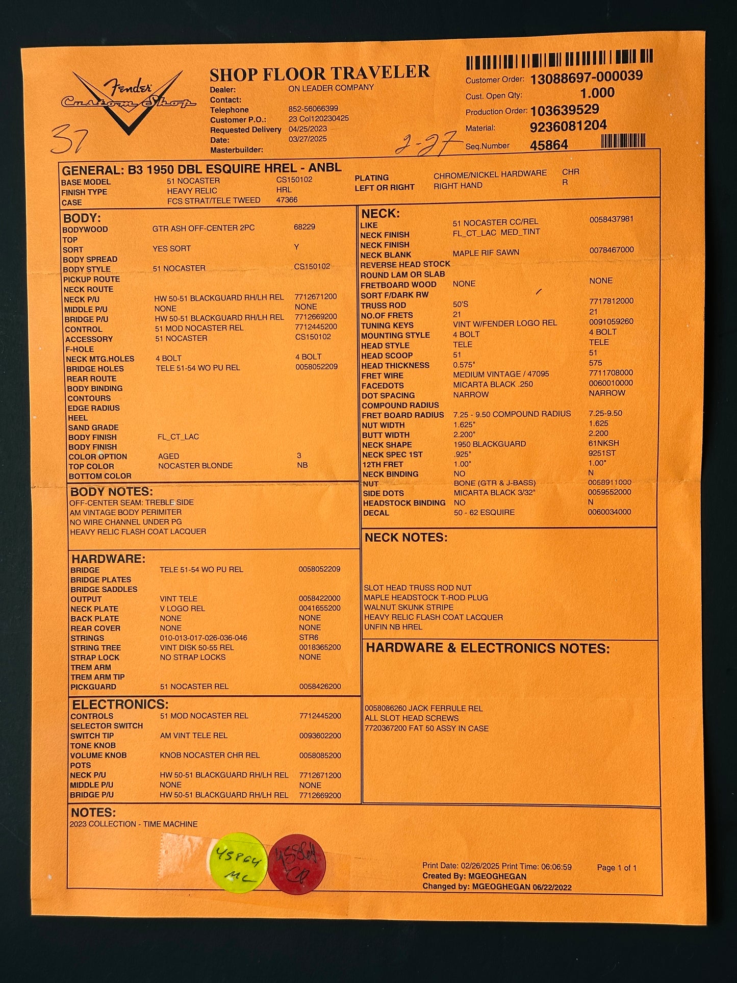 Spec sheet for Fender Custom Shop 1950 Double Esquire Heavy Relic Aged Nocaster Blonde.