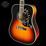 Front angle of Gibson Custom Made 2 Measure Hummingbird Maple Long Scale Tri-burst LR Baggs VTC.