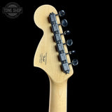 Back of headstock of Used 2024 Squier Limited Edition Paranormal Troublemaker Telecaster Deluxe Ice Blue Metallic.