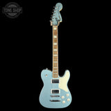 Full front of Used 2024 Squier Limited Edition Paranormal Troublemaker Telecaster Deluxe Ice Blue Metallic.