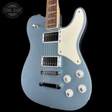 Front angle of Used 2024 Squier Limited Edition Paranormal Troublemaker Telecaster Deluxe Ice Blue Metallic.