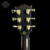 Back of headstock of Gibson Custom Made 2 Measure Dove Double Guard Trans Ebony Light Aged.