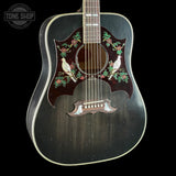 Front angle of Gibson Custom Made 2 Measure Dove Double Guard Trans Ebony Light Aged.