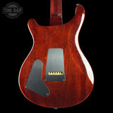 Back view of a red electric guitar with a visible brand logo in the corner.