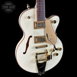 Front angle of Used 2024 Gretsch Electromatic Chris Rocha Broadcaster JR Center Block Vintage White.