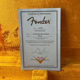 Certificate of authenticity for Used 2013 Fender Custom Shop '64 Precision Bass Relic Red Sparkle over Sunburst.